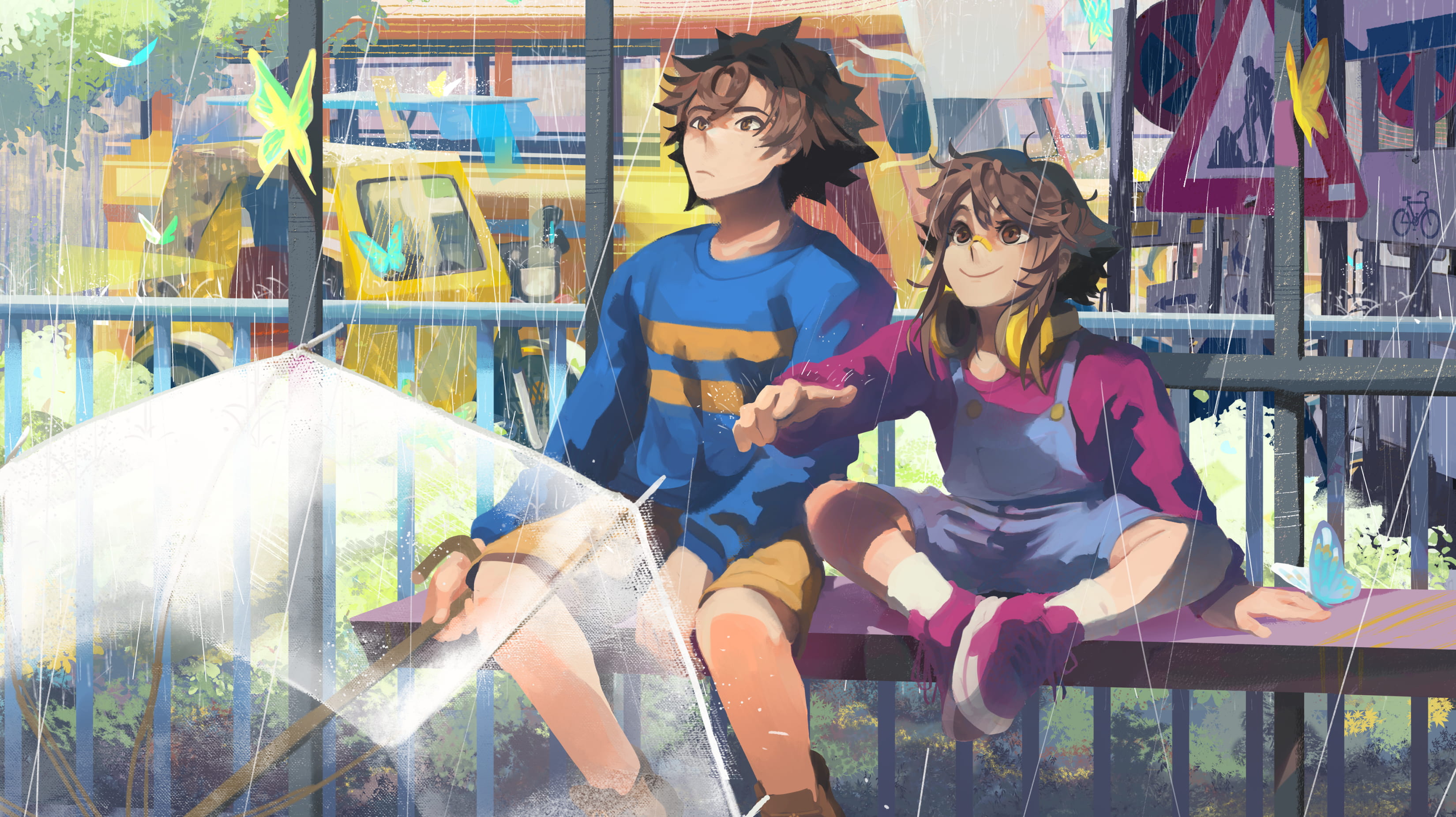 Illustration of two main characters of Until Then looking up at the sky. Rainy noon, with butterflies around.
